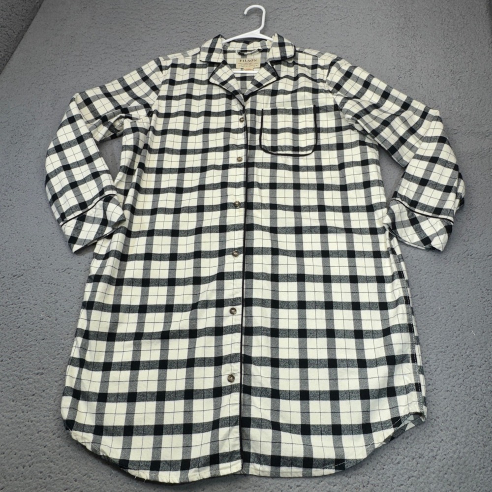 Filson Flannel Nightshirt Womens XL Cream Black Check Buffalo Plaid Sleepwear